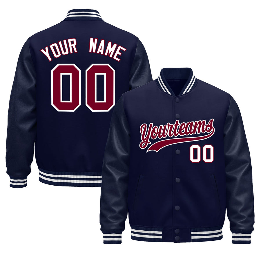 Custom Navy White Classic Style Leather Sleeves Wrinkle-Resistant Jacket | BuyFootballJersey