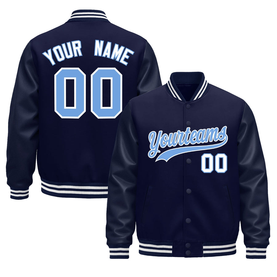 Custom Navy White Classic Style Leather Sleeves Wrinkle-Resistant Jacket | BuyFootballJersey