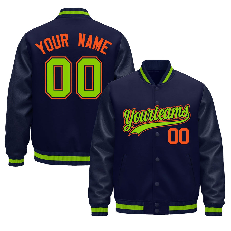Custom Navy Orange Classic Style Leather Sleeves Wrinkle-Resistant Jacket | BuyFootballJersey