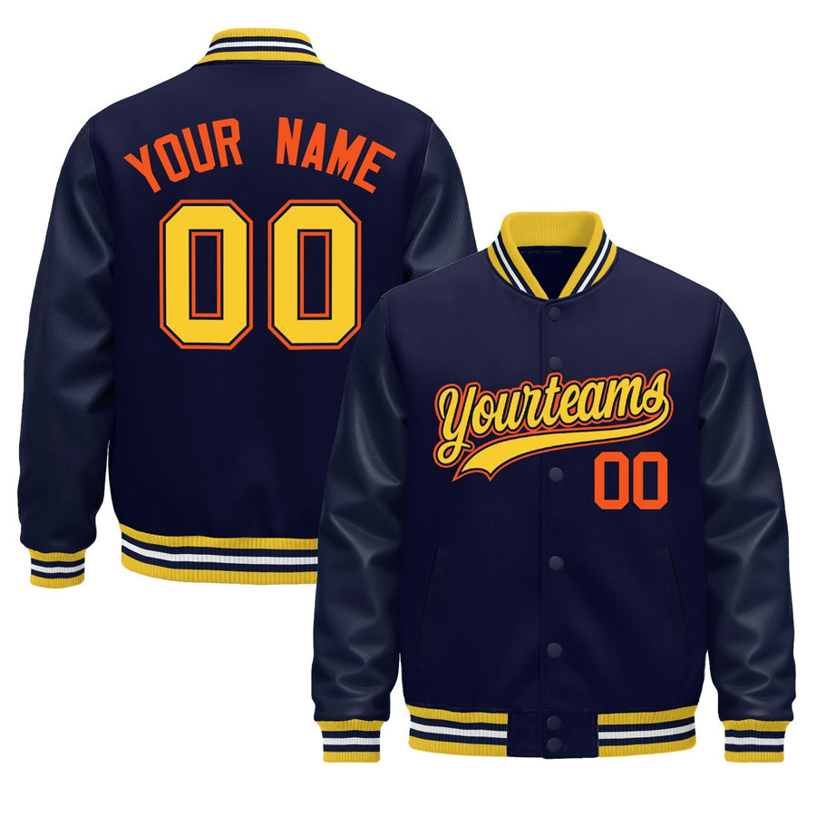 Custom Navy yellow Classic Style Leather Sleeves Wrinkle-Resistant Jacket | BuyFootballJersey