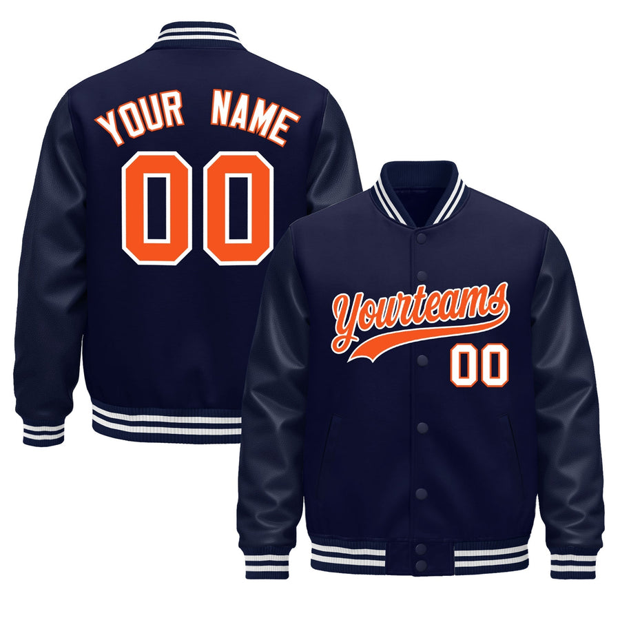 Custom Navy Orange Classic Style Leather Sleeves Wrinkle-Resistant Jacket | BuyFootballJersey