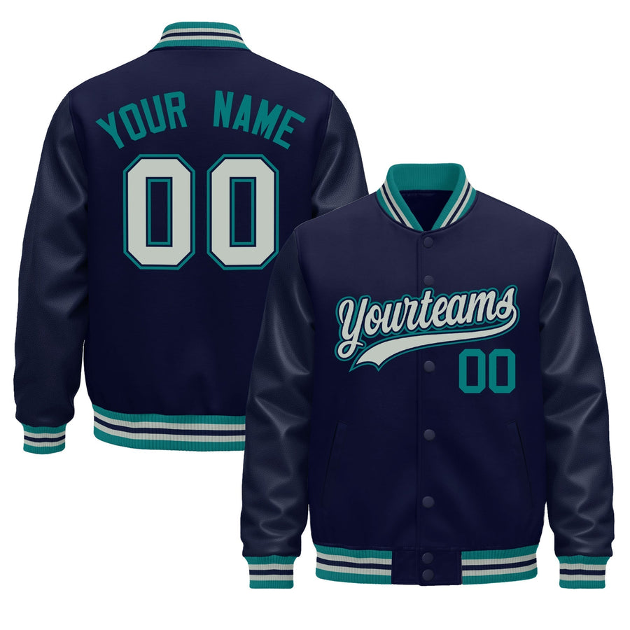 Custom Navy Teal Gray Classic Style Leather Sleeves Wrinkle-Resistant Jacket | BuyFootballJersey