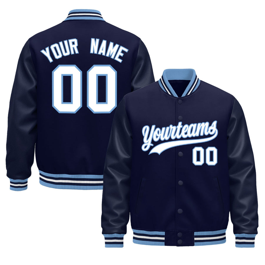 Custom Navy White Light Blue Classic Style Leather Sleeves Wrinkle-Resistant Jacket | BuyFootballJersey
