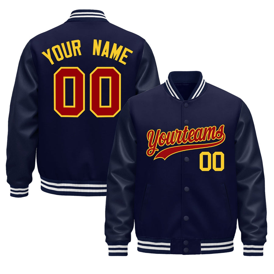 Custom Navy White Classic Style Leather Sleeves Wrinkle-Resistant Jacket | BuyFootballJersey
