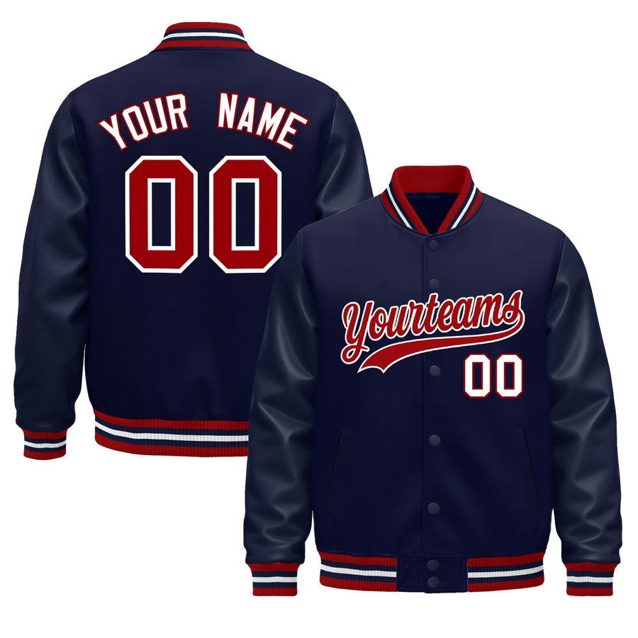 Custom Navy Red White Classic Style Leather Sleeves Wrinkle-Resistant Jacket | BuyFootballJersey