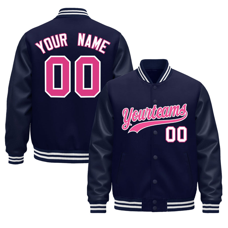 Custom Navy White Classic Style Leather Sleeves Wrinkle-Resistant Jacket | BuyFootballJersey