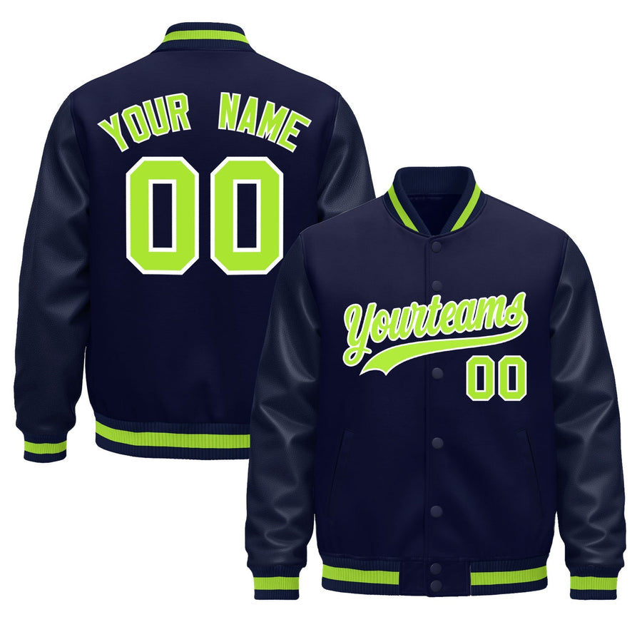 Custom Navy Neon Green Classic Style Leather Sleeves Wrinkle-Resistant Jacket | BuyFootballJersey