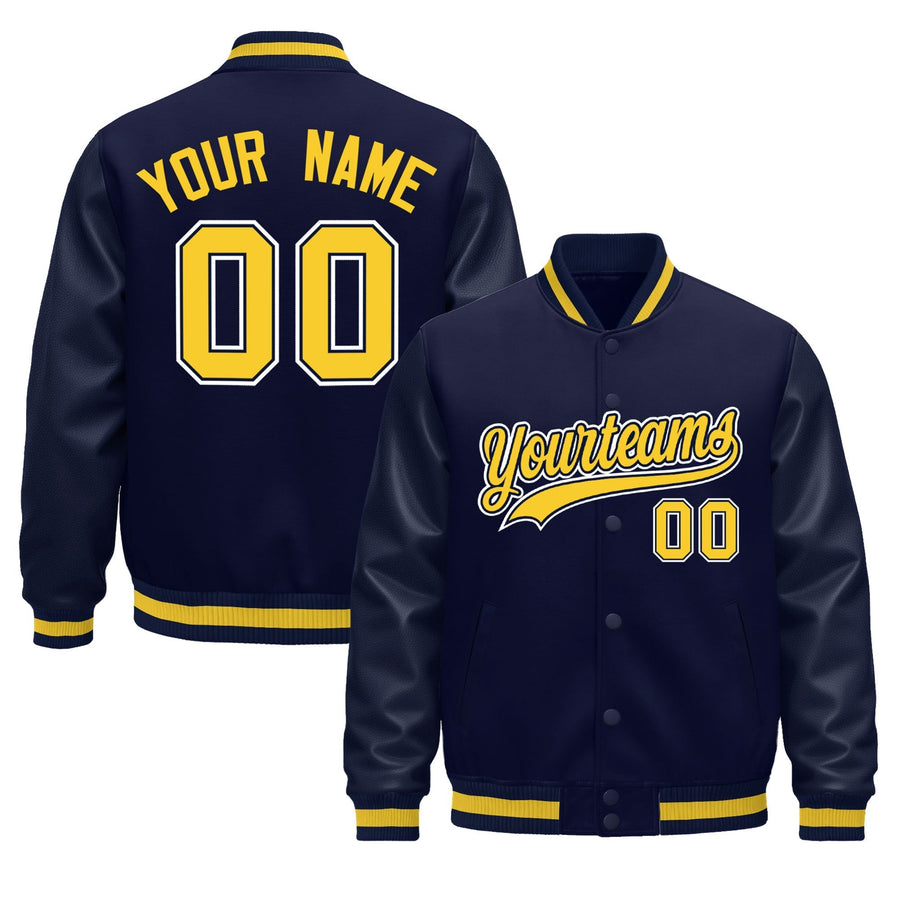 Custom Navy Gold Classic Style Leather Sleeves Wrinkle-Resistant Jacket | BuyFootballJersey
