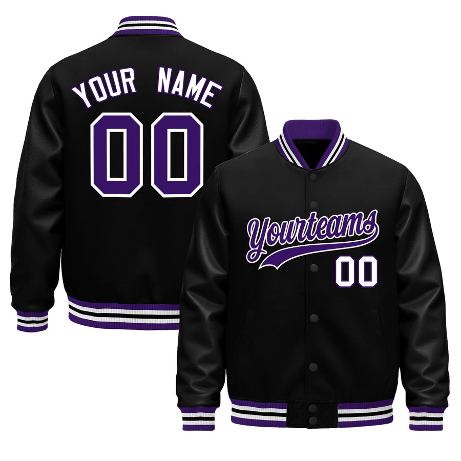 Custom Black Purple White Classic Style Leather Sleeves Wrinkle-Resistant Jacket | BuyFootballJersey