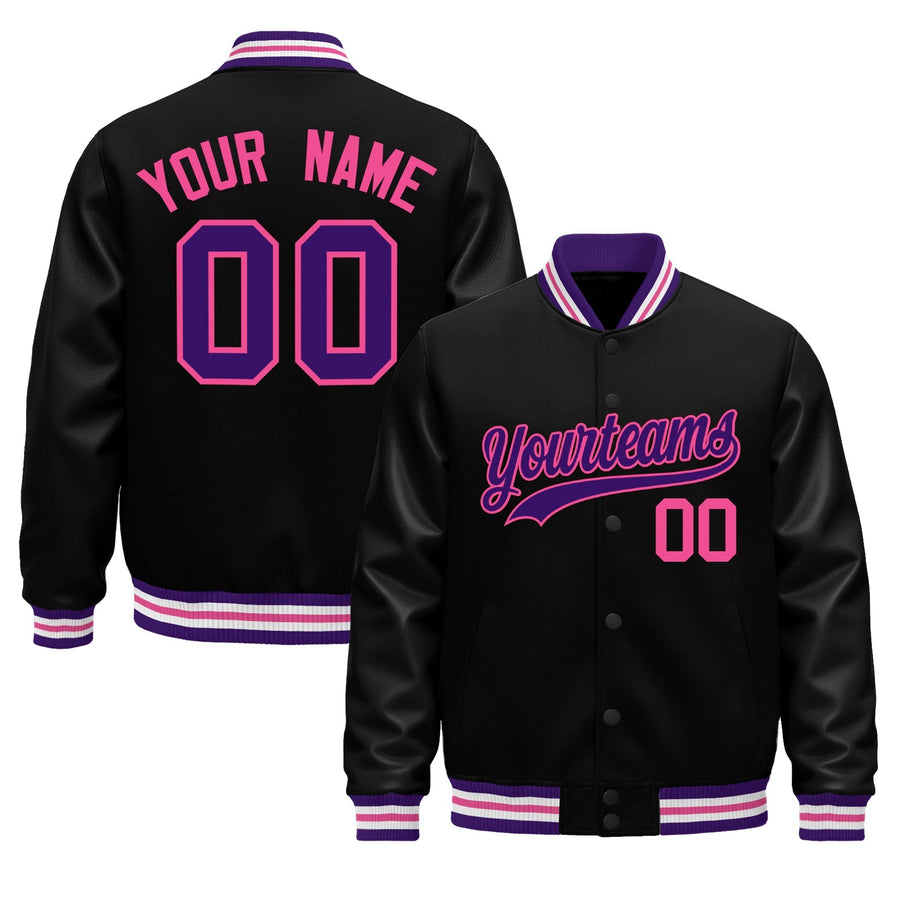 Custom Black Purple Pink Classic Style Leather Sleeves Wrinkle-Resistant Jacket | BuyFootballJersey