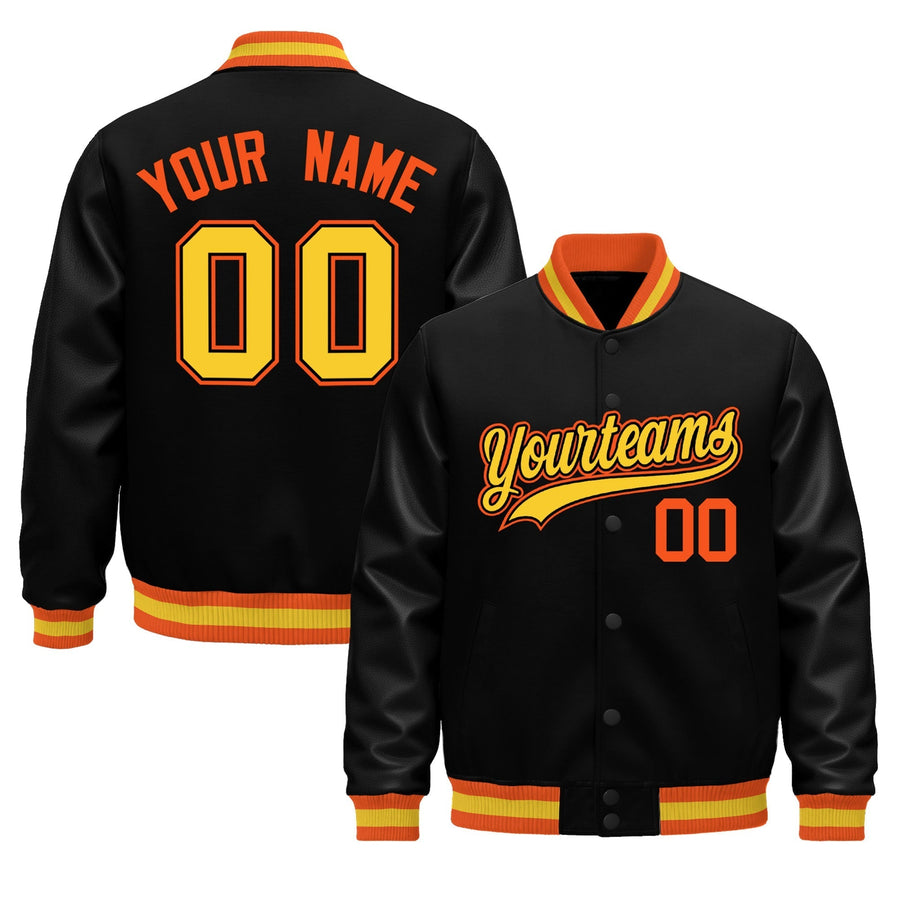 Custom Black Orange Gold Classic Style Leather Sleeves Wrinkle-Resistant Jacket | BuyFootballJersey