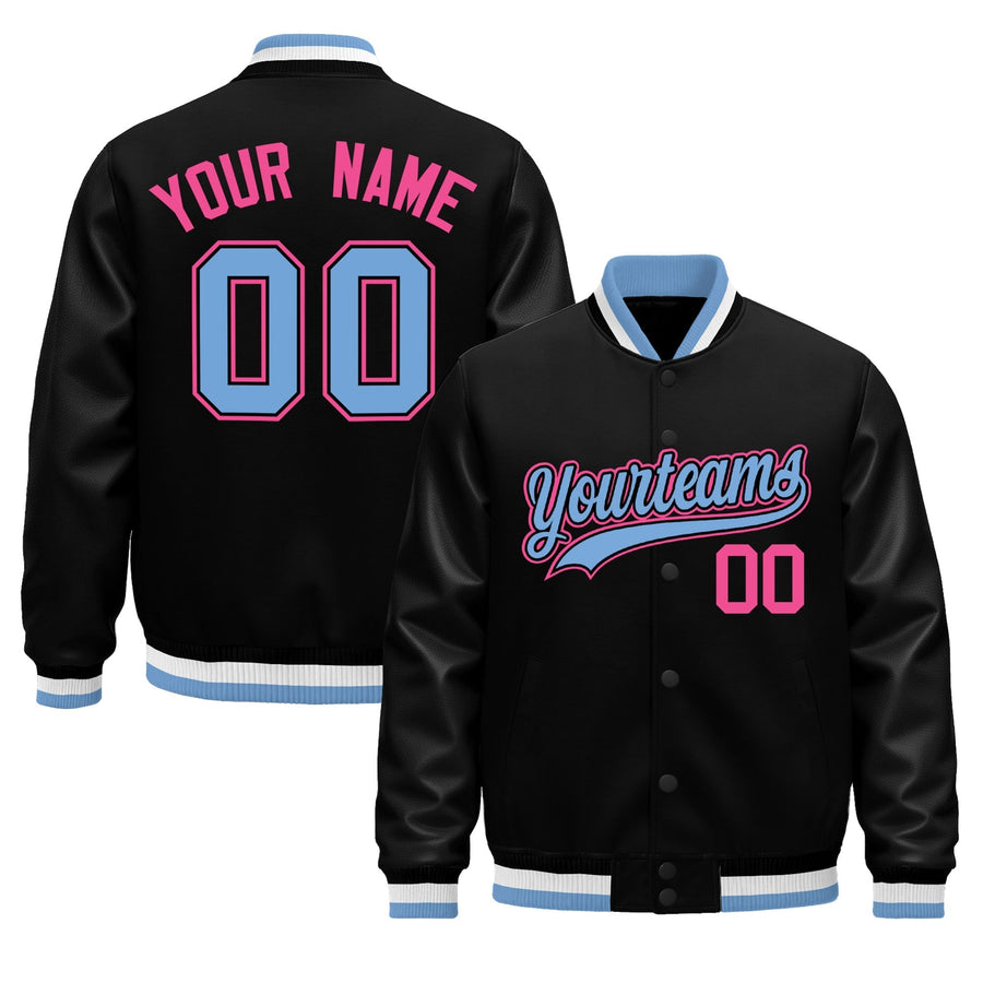 Custom Black Light Blue White Classic Style Leather Sleeves Wrinkle-Resistant Jacket | BuyFootballJersey