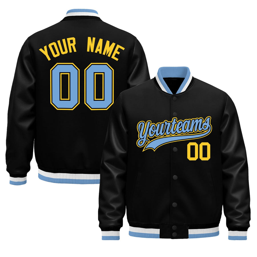 Custom Black Light Blue White Classic Style Leather Sleeves Wrinkle-Resistant Jacket | BuyFootballJersey