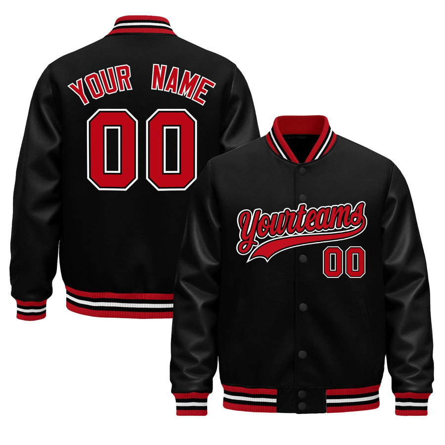 Custom Black Red White Classic Style Leather Sleeves Wrinkle-Resistant Jacket | BuyFootballJersey