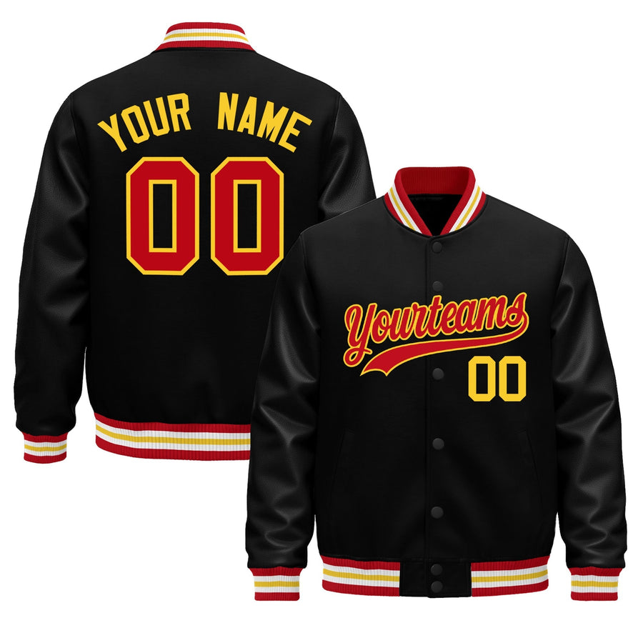Custom Black Red White Classic Style Leather Sleeves Wrinkle-Resistant Jacket | BuyFootballJersey