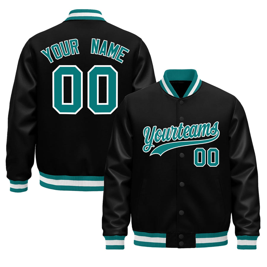 Custom Black Aqua White Classic Style Leather Sleeves Wrinkle-Resistant Jacket | BuyFootballJersey
