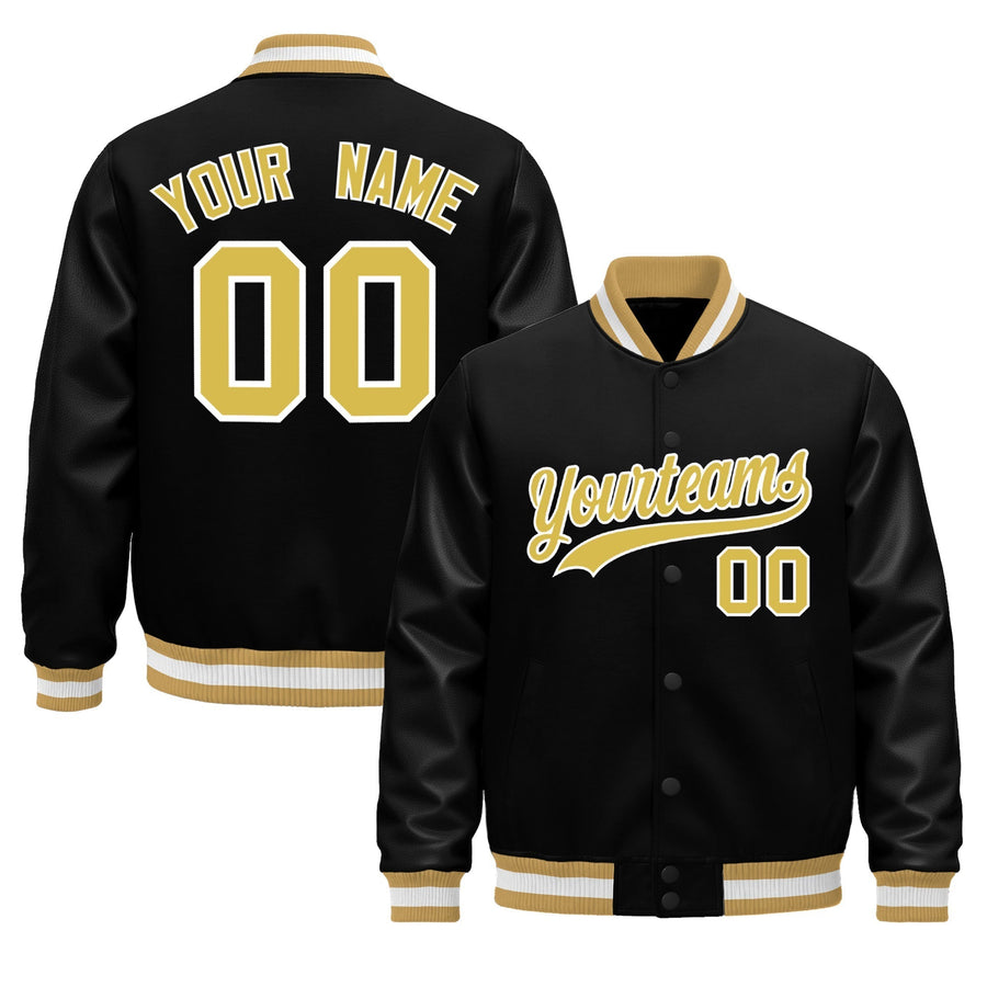 Custom Black Old Gold White Classic Style Leather Sleeves Wrinkle-Resistant Jacket | BuyFootballJersey