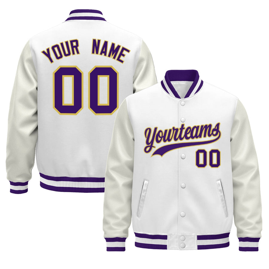 Custom White Purple Classic Style Leather Sleeves Wrinkle-Resistant Jacket | BuyFootballJersey