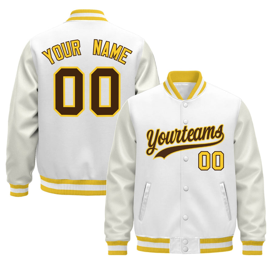 Custom White Gold Classic Style Leather Sleeves Wrinkle-Resistant Jacket | BuyFootballJersey