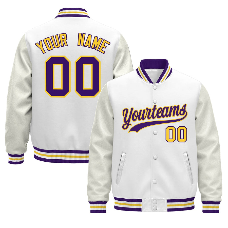 Custom White Purple Gold Classic Style Leather Sleeves Wrinkle-Resistant Jacket | BuyFootballJersey