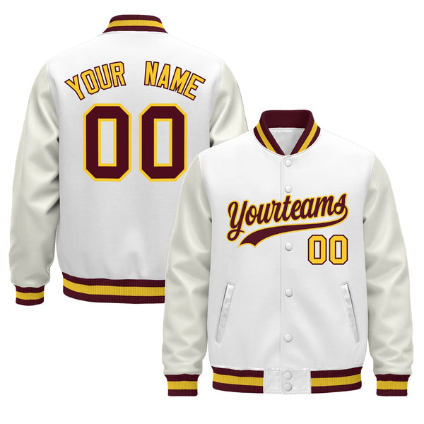 Custom White Crimson Gold Classic Style Leather Sleeves Wrinkle-Resistant Jacket | BuyFootballJersey