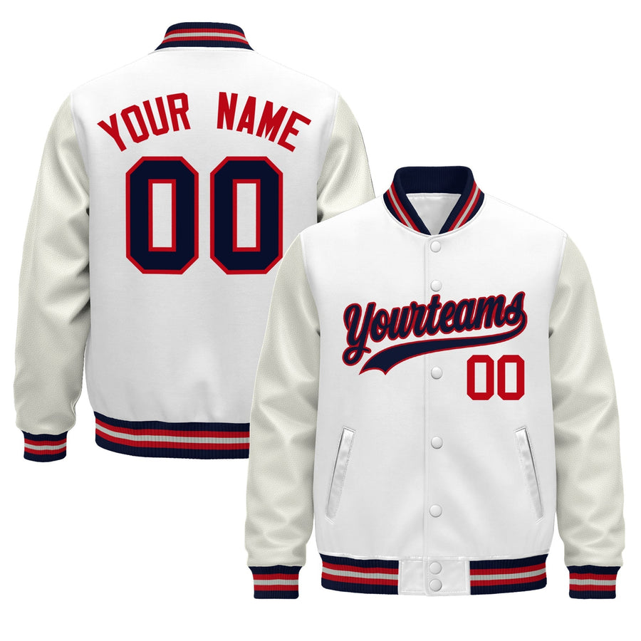 Custom White Navy Red Classic Style Leather Sleeves Wrinkle-Resistant Jacket | BuyFootballJersey