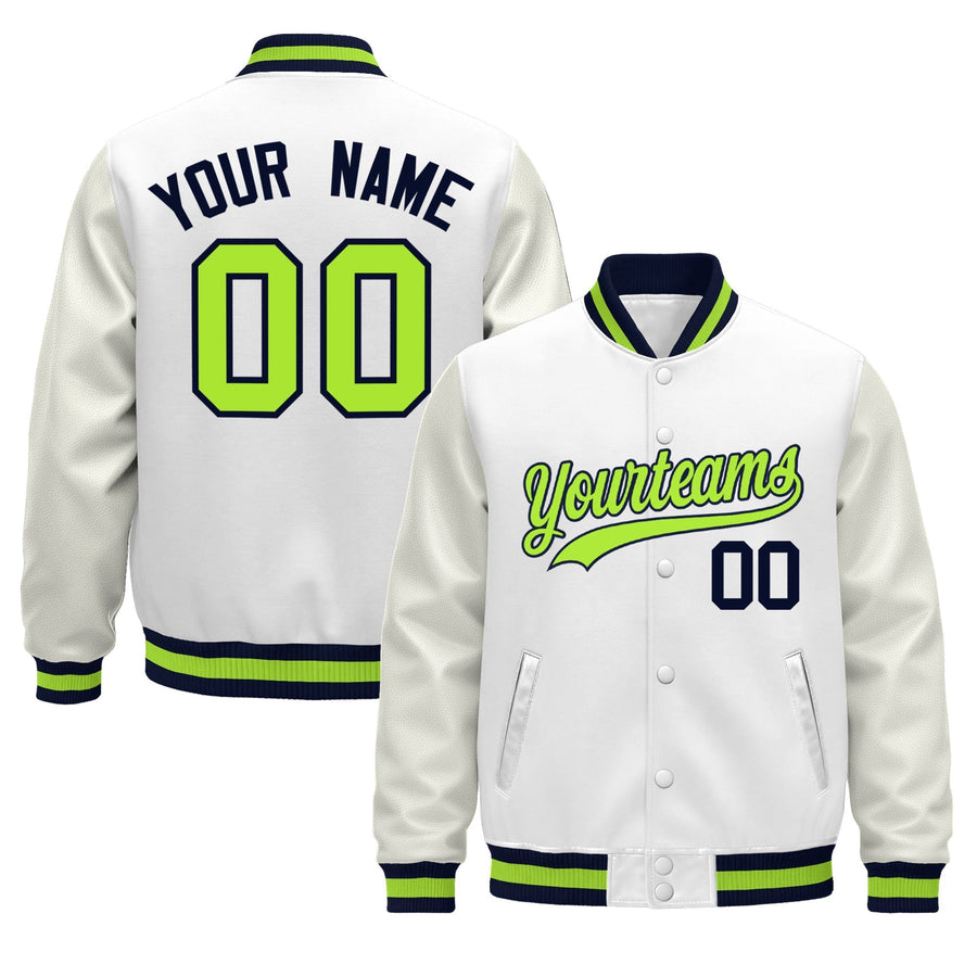 Custom White Navy Neon Green Classic Style Leather Sleeves Wrinkle-Resistant Jacket | BuyFootballJersey