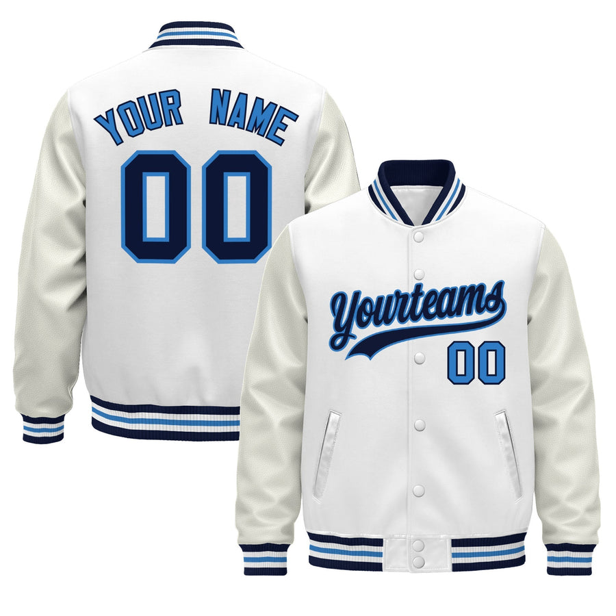 Custom White Navy Powder Blue Classic Style Leather Sleeves Wrinkle-Resistant Jacket | BuyFootballJersey