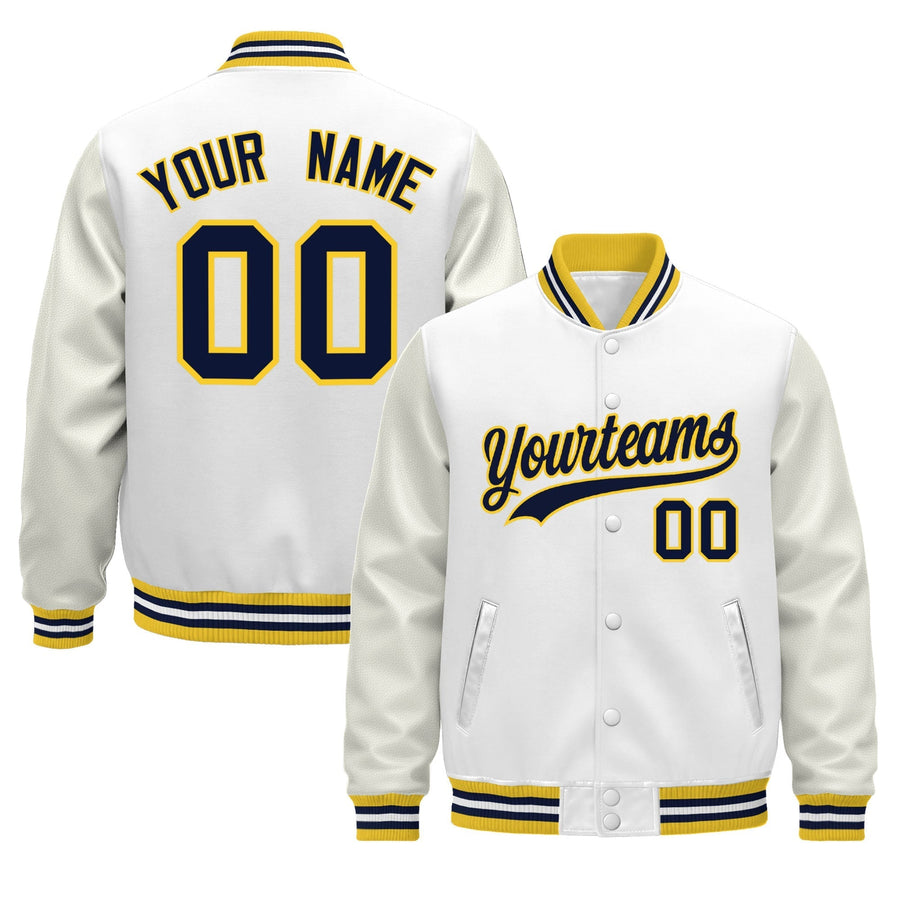 Custom White Gold Navy Classic Style Leather Sleeves Wrinkle-Resistant Jacket | BuyFootballJersey