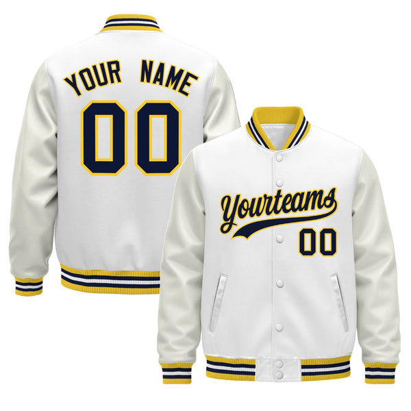 Custom White Gold Navy Classic Style Leather Sleeves Wrinkle-Resistant Jacket | BuyFootballJersey