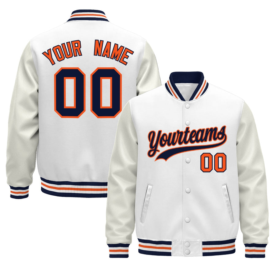 Custom White Navy Orange Classic Style Leather Sleeves Wrinkle-Resistant Jacket | BuyFootballJersey