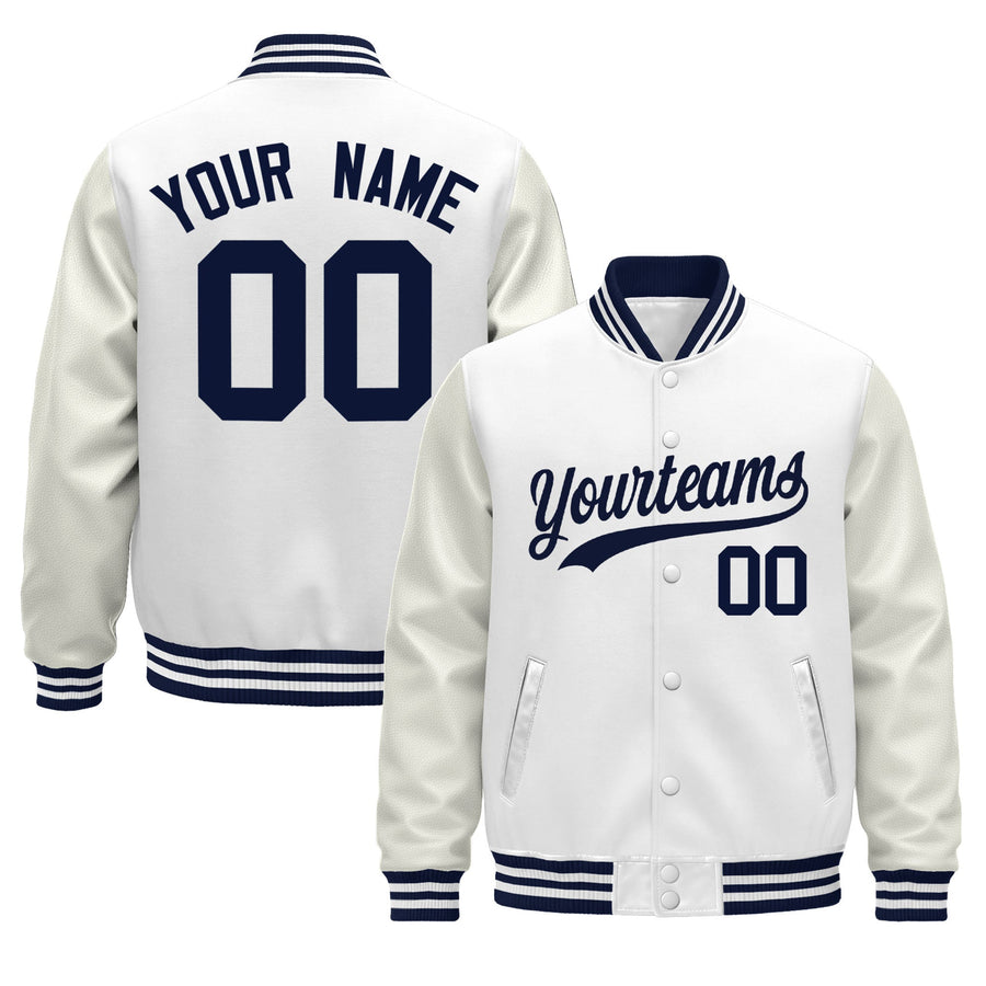 Custom White Navy Classic Style Leather Sleeves Wrinkle-Resistant Jacket | BuyFootballJersey