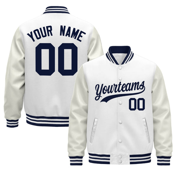 Custom White Navy Classic Style Leather Sleeves Wrinkle-Resistant Jacket | BuyFootballJersey