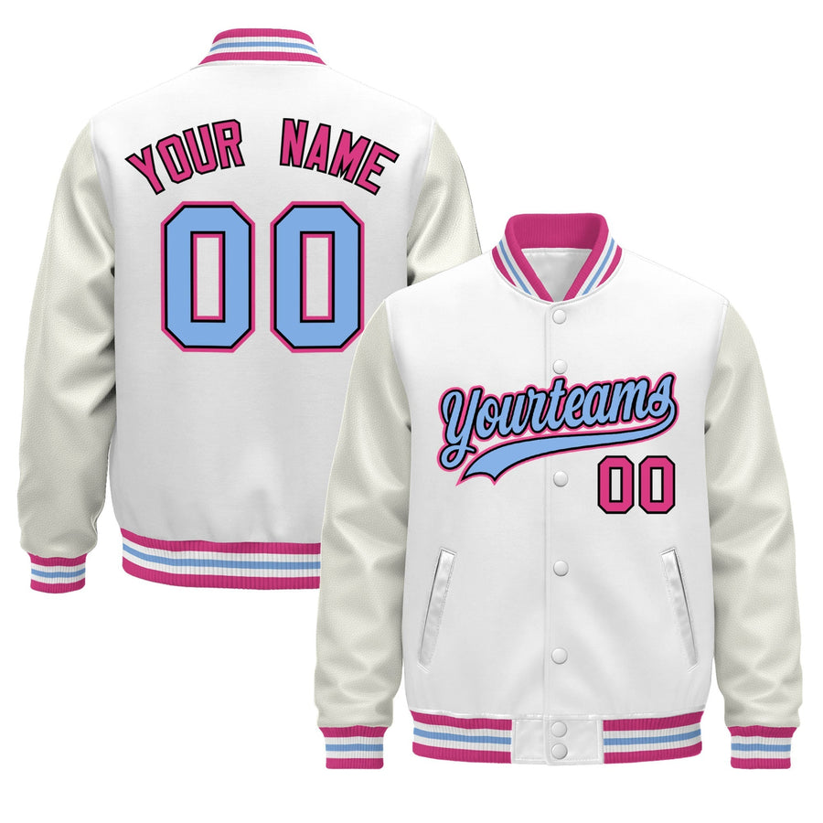 Custom White Pink Light Blue Classic Style Leather Sleeves Wrinkle-Resistant Jacket | BuyFootballJersey