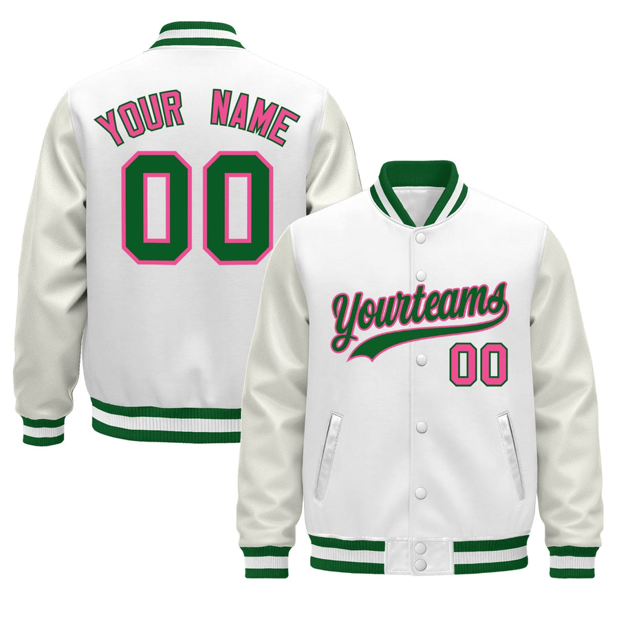 Custom White Kelly Green Classic Style Leather Sleeves Wrinkle-Resistant Jacket | BuyFootballJersey