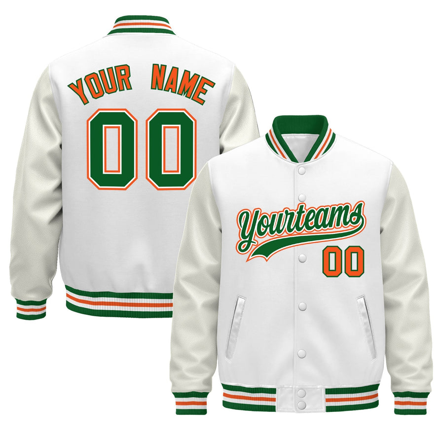 Custom White Kelly Green Orange Classic Style Leather Sleeves Wrinkle-Resistant Jacket | BuyFootballJersey