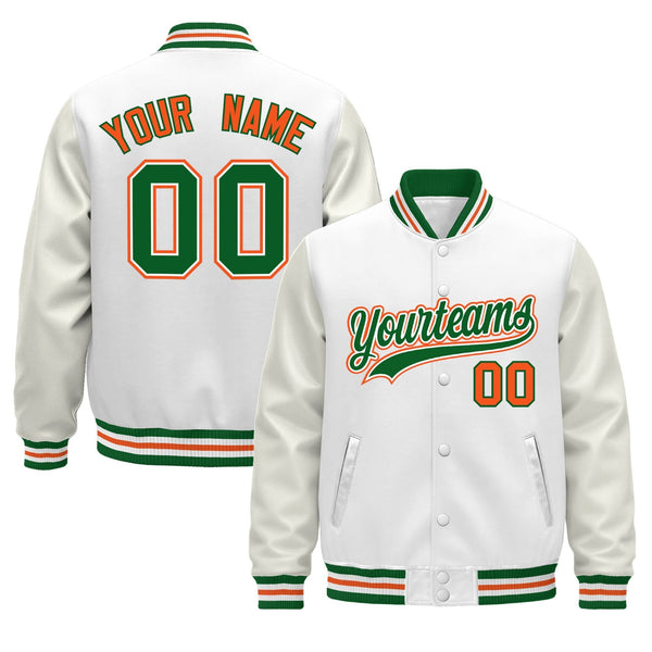 Custom White Kelly Green Orange Classic Style Leather Sleeves Wrinkle-Resistant Jacket | BuyFootballJersey