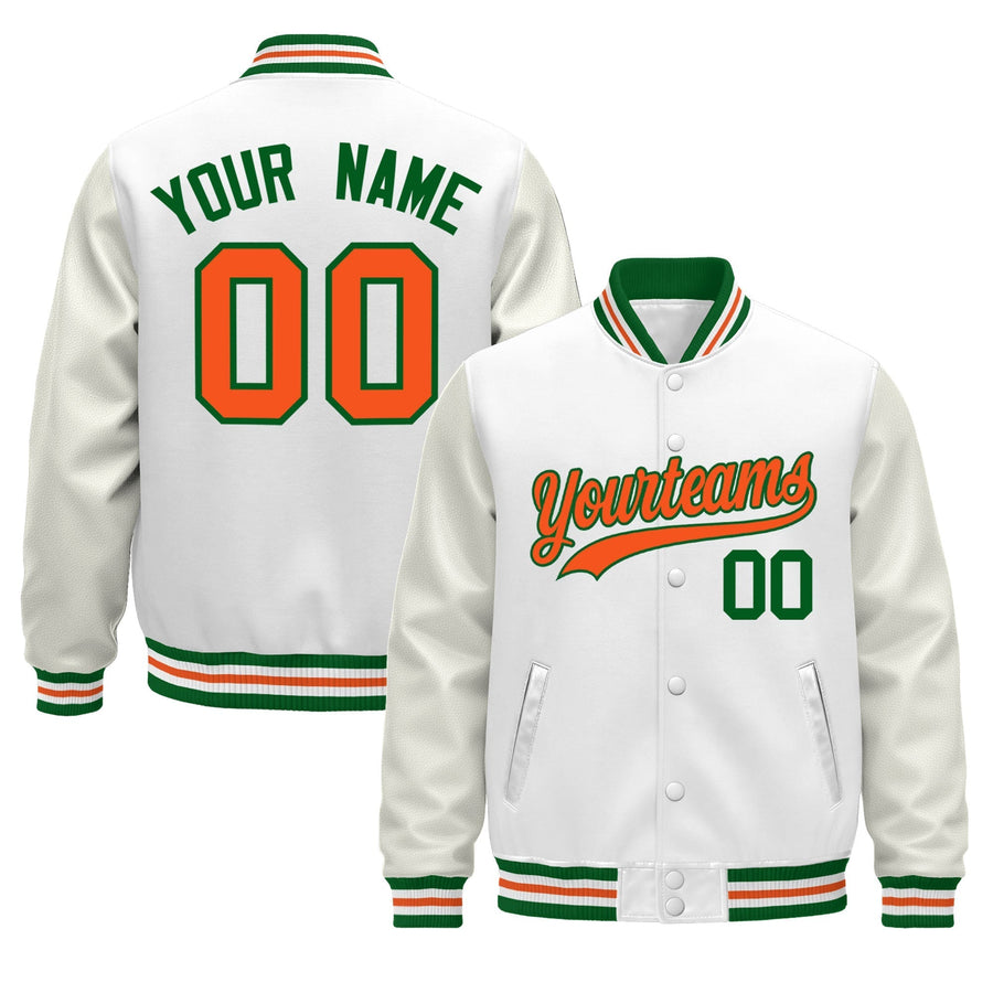 Custom White Kelly Green Orange Classic Style Leather Sleeves Wrinkle-Resistant Jacket | BuyFootballJersey