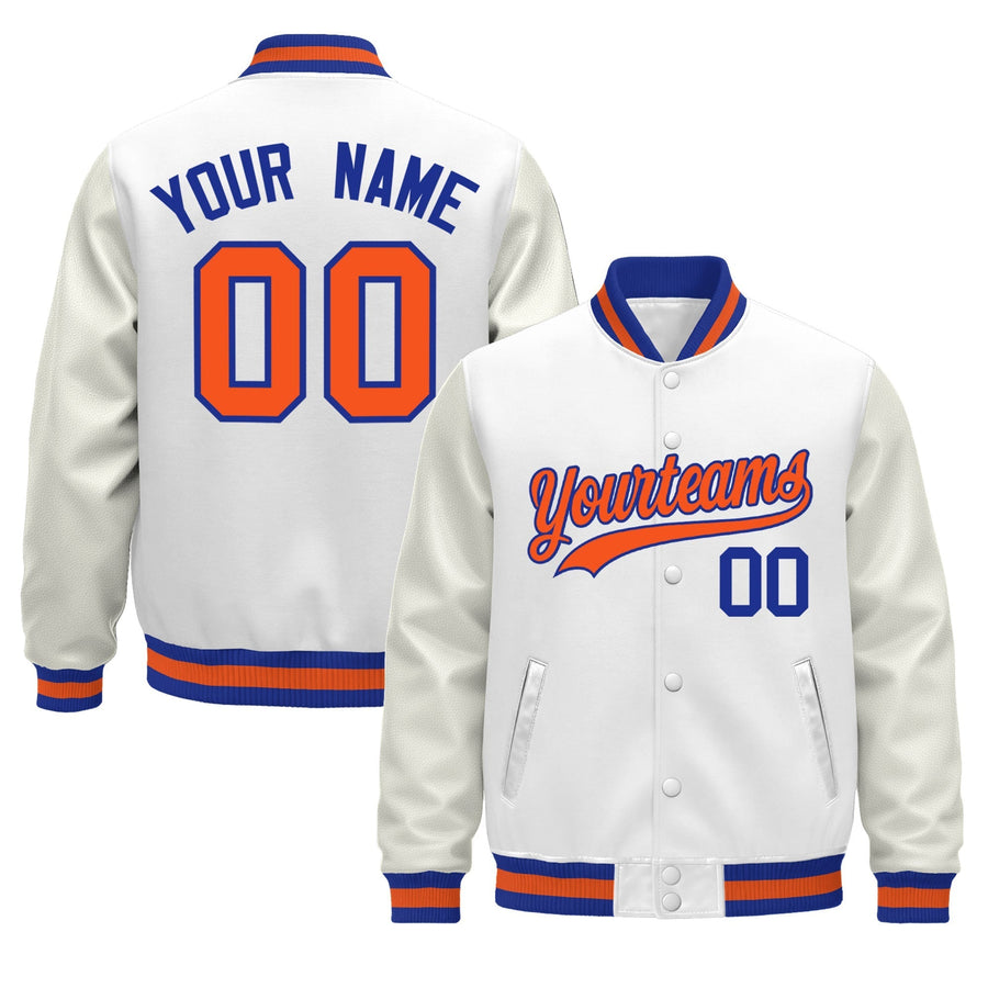 Custom White Royal Blue Orange Classic Style Leather Sleeves Wrinkle-Resistant Jacket | BuyFootballJersey
