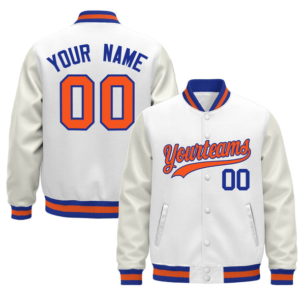 Custom White Royal Blue Orange Classic Style Leather Sleeves Wrinkle-Resistant Jacket | BuyFootballJersey