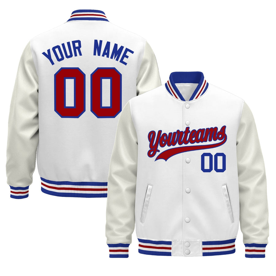 Custom White Royal Blue Red Classic Style Leather Sleeves Wrinkle-Resistant Jacket | BuyFootballJersey