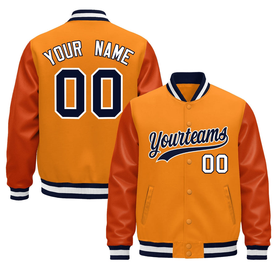 Custom Orange Navy White Classic Style Leather Sleeves Wrinkle-Resistant Jacket | BuyFootballJersey