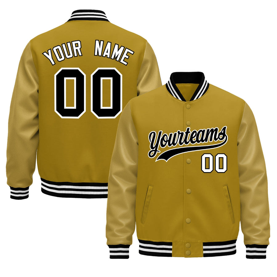 Custom Old Gold Black White Classic Style Leather Sleeves Wrinkle-Resistant Jacket | BuyFootballJersey