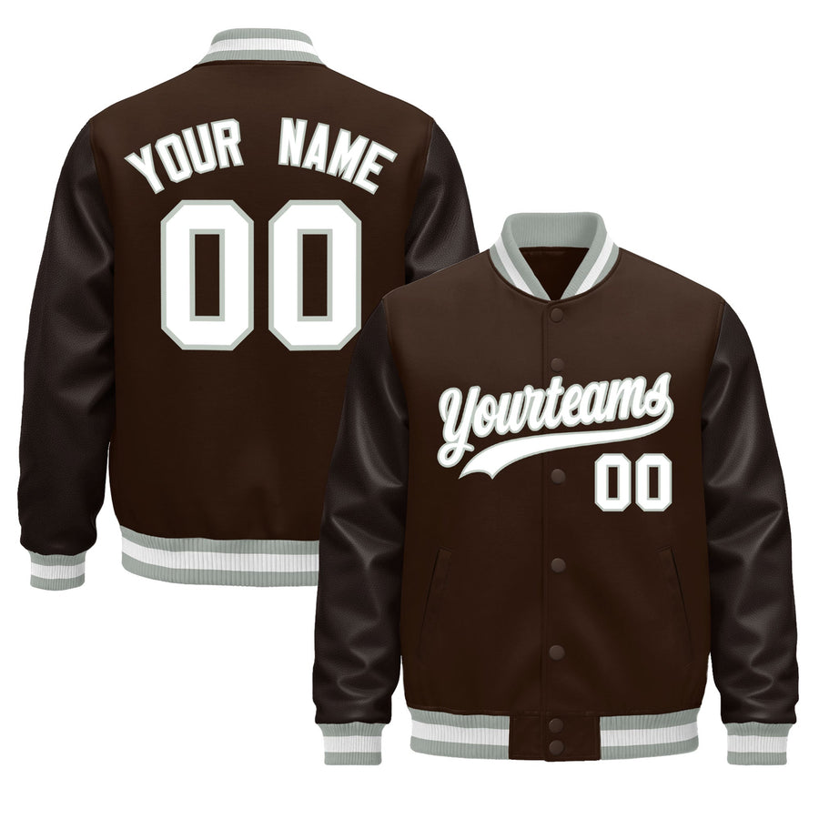 Custom Brown Gray White Classic Style Leather Sleeves Wrinkle-Resistant Jacket | BuyFootballJersey