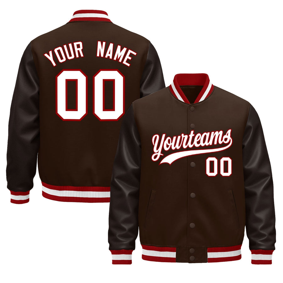 Custom Brown Red White Classic Style Leather Sleeves Wrinkle-Resistant Jacket | BuyFootballJersey