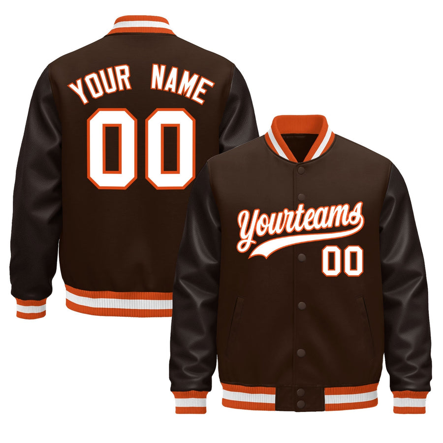 Custom Brown Orange White Classic Style Leather Sleeves Wrinkle-Resistant Jacket | BuyFootballJersey