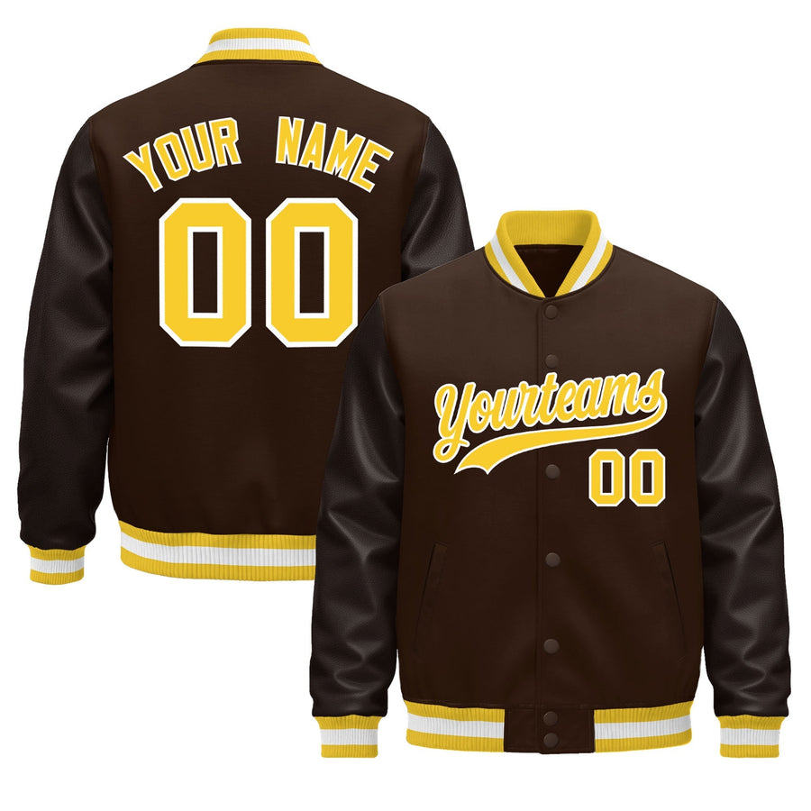 Custom Brown Gold White Classic Style Leather Sleeves Wrinkle-Resistant Jacket | BuyFootballJersey