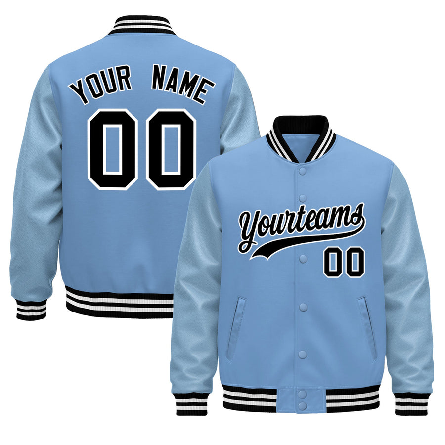 Custom Powder Blue Black White Classic Style Leather Sleeves Wrinkle-Resistant Jacket | BuyFootballJersey