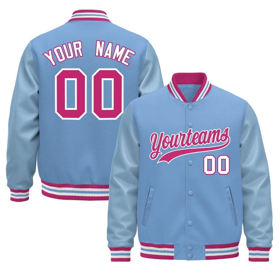 Custom Powder Blue Pink White Classic Style Leather Sleeves Wrinkle-Resistant Jacket | BuyFootballJersey