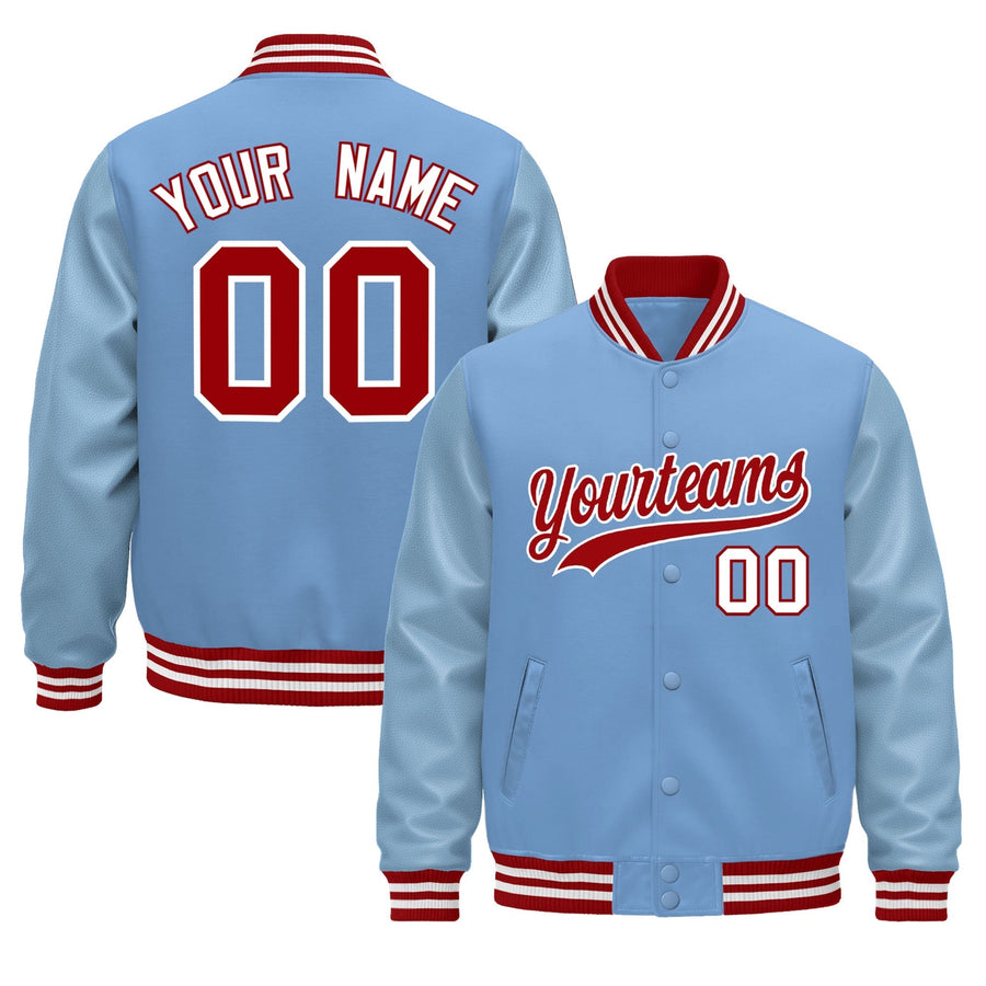 Custom Powder Blue Red White Classic Style Leather Sleeves Wrinkle-Resistant Jacket | BuyFootballJersey
